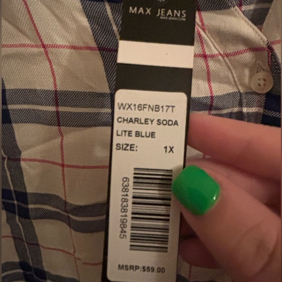 Title: Max Jeans Plaid Sleeveless Button-Up Top - Size 1X NWT - Picture 4 of 4